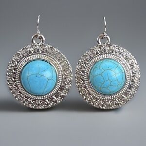 Southwestern style Silvertone and Turquoise Blue Weighted Pierced Earrings